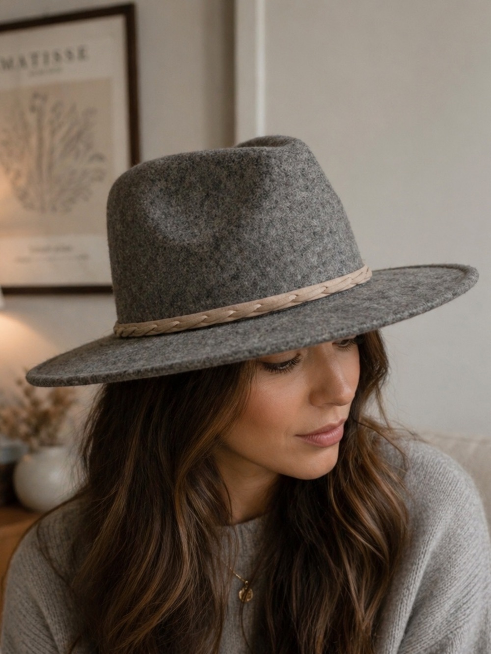 Gray Wool Felt Wide Brim Fedora with Braided Band